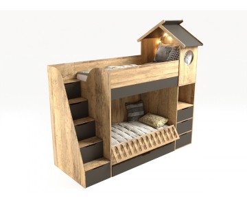 Кровать Домик 2х ярусная с ограничителем и полками Кровать Домик 2х ярусная с ограничителем и полками