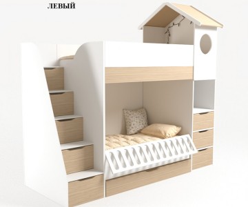 Кровать Домик белый 2х ярусная с ограничителем и полками Кровать Домик белый 2х ярусная с ограничителем и полками